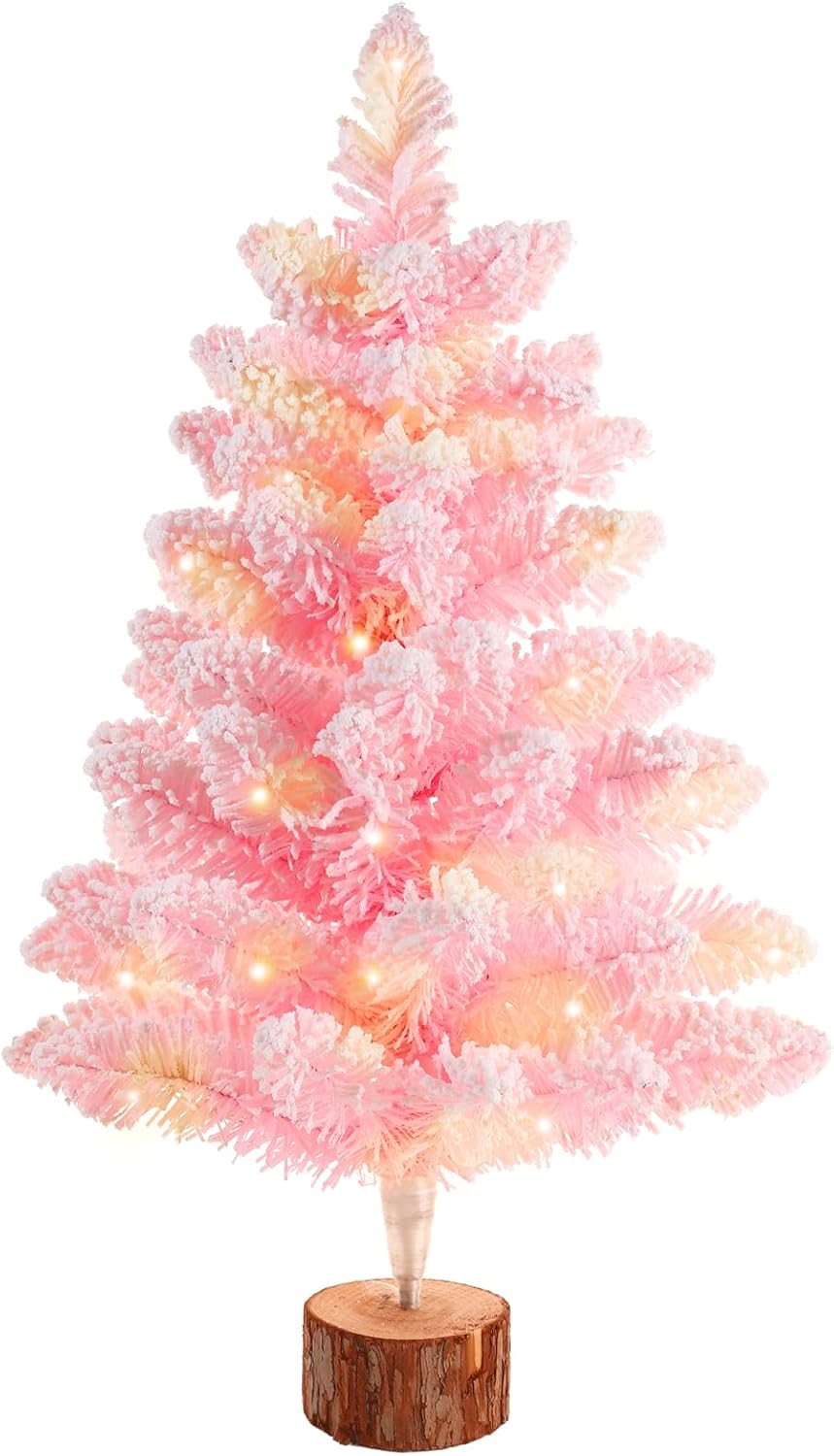 2FT Artificial Christmas Tree with Lights Lighted Pink Tabletop Christmas Tree Light Up Battery Operated Snow Flocked Mini Xmas Pine Tree for Party Supplies Holiday Home Decoration
