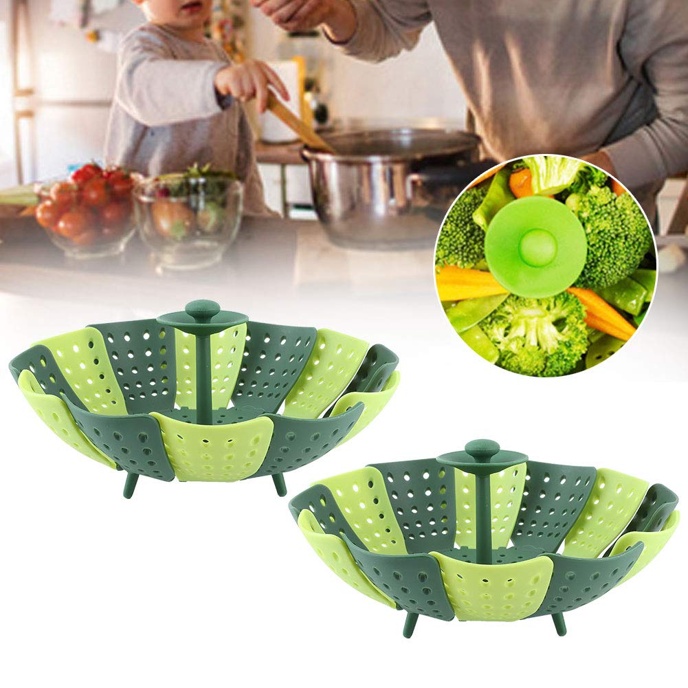 Cestello per cottura a vapore pieghevole 2 pezzi,cestini per cottura a vapore ad alta temperatura, cestini per cottura a vapore per verdure regolabili per frutta vegetale, verde, Cestello per co