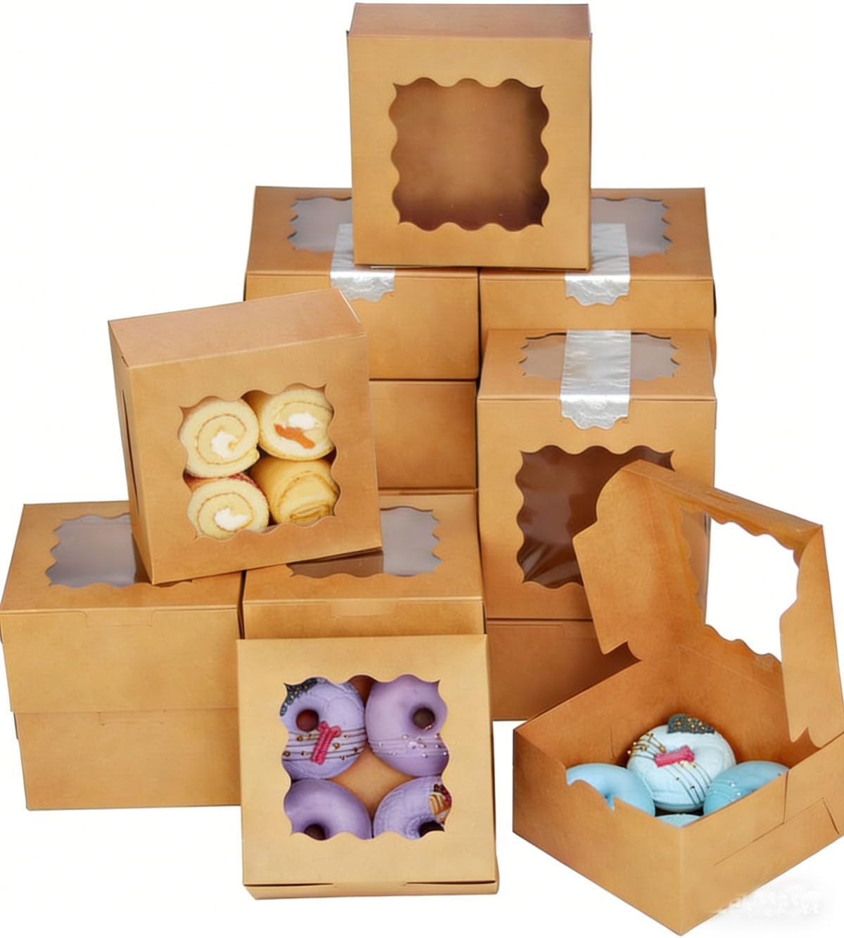Defresit 50Pcs Brown Bakery Box with Window,10.2x10.2x6.7cm White Cookie Boxes Pastry Box for Wedding Favor Birthday ＆ Party(4x4x2.5 Inch)