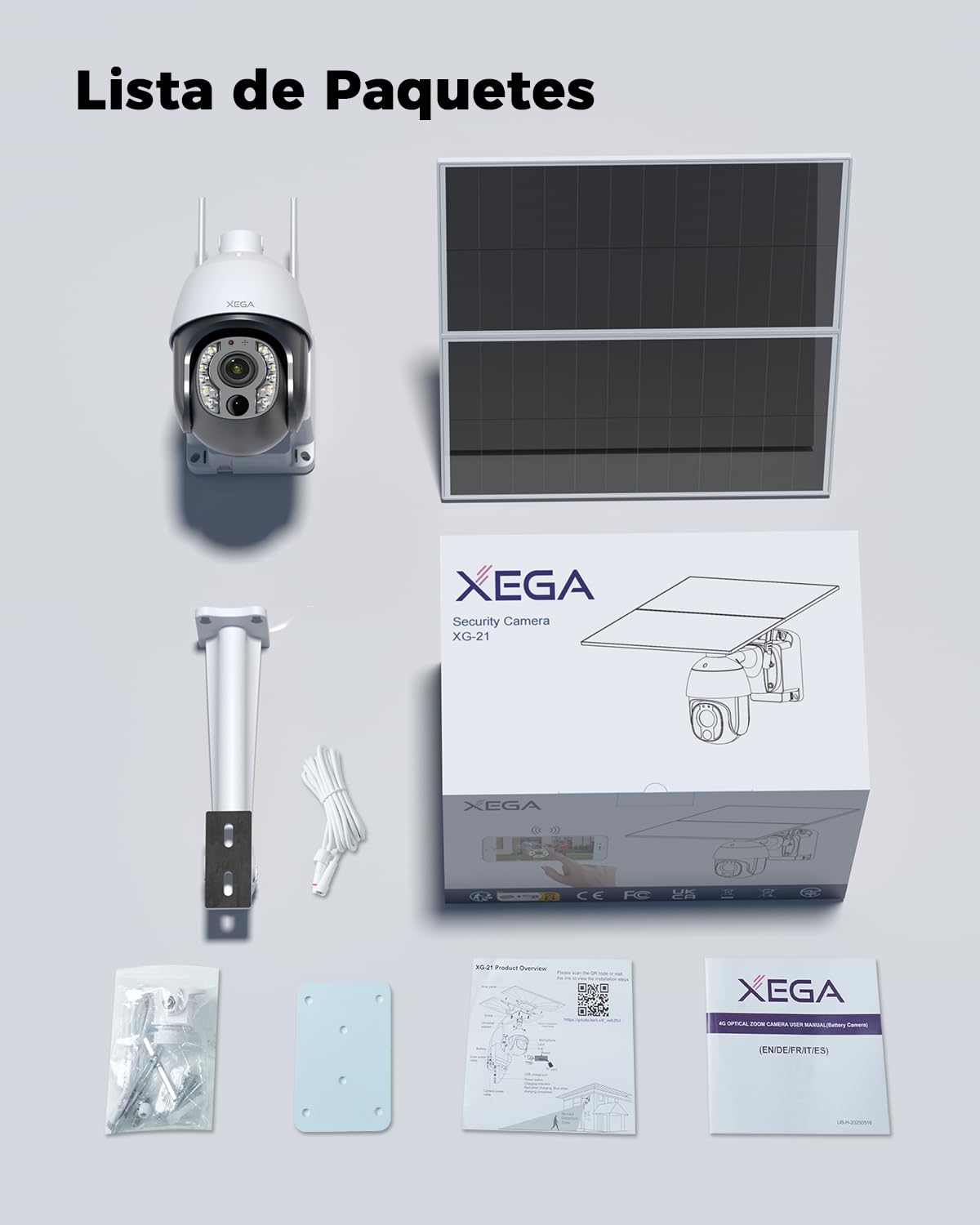 Xega 5MP【10X Óptico Zoom】 4G LTE Cámara Vigilancia sin WiFi con Tarjeta SIM | 20W Panel Solar 30,000 mAh Batería Grabación 24/7 Exterior Detección Humana Visión Nocturna 100ft Audio Bidireccional