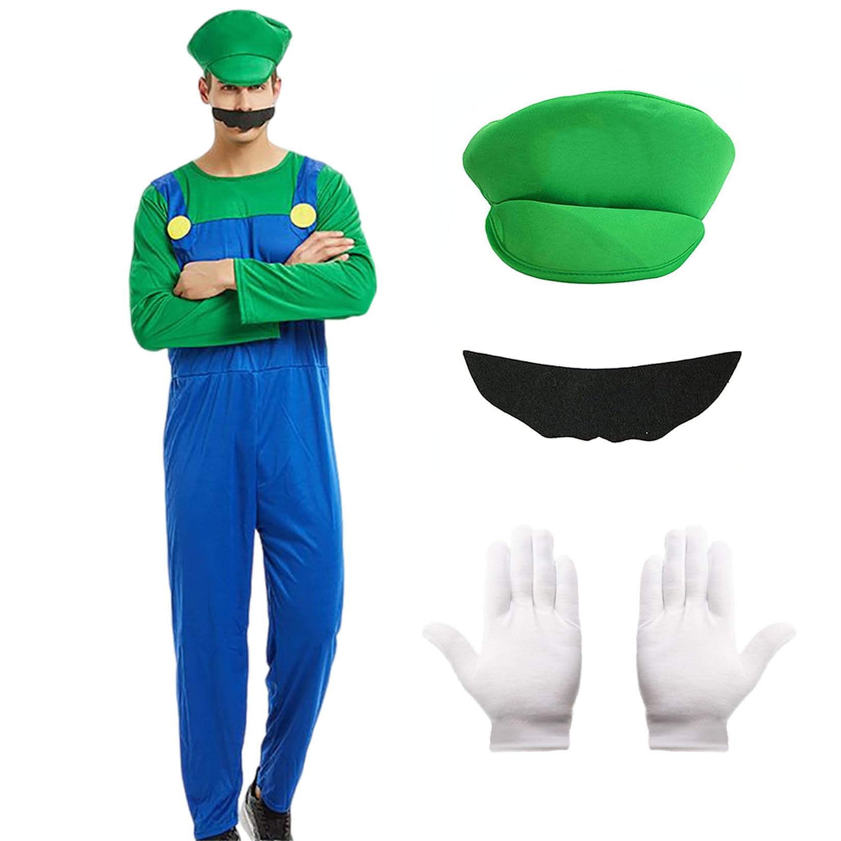 Alaiyaky Disfraz de Mario y Luigi para adultos y niños, disfraz de Mario Super Fontanero, disfraz de Mario Bros Cosplay con sombrero y guantes de barba, disfraz de Mario para Halloween y carnaval