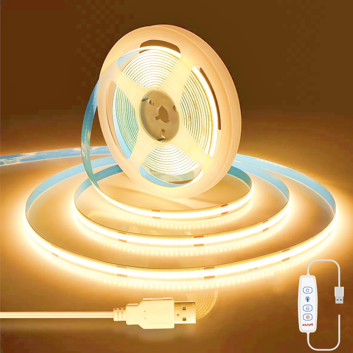 Kimuwote USB COB LED Streifen, 2.05M Dimmbar USB 5V Warmweiß 3000K 640LEDs, TV LED Strip Lights Beleuchtung, Flexibel LED Band licht für Schlafzimmer, Zuhause,Schrank, DIY Beleuchtung