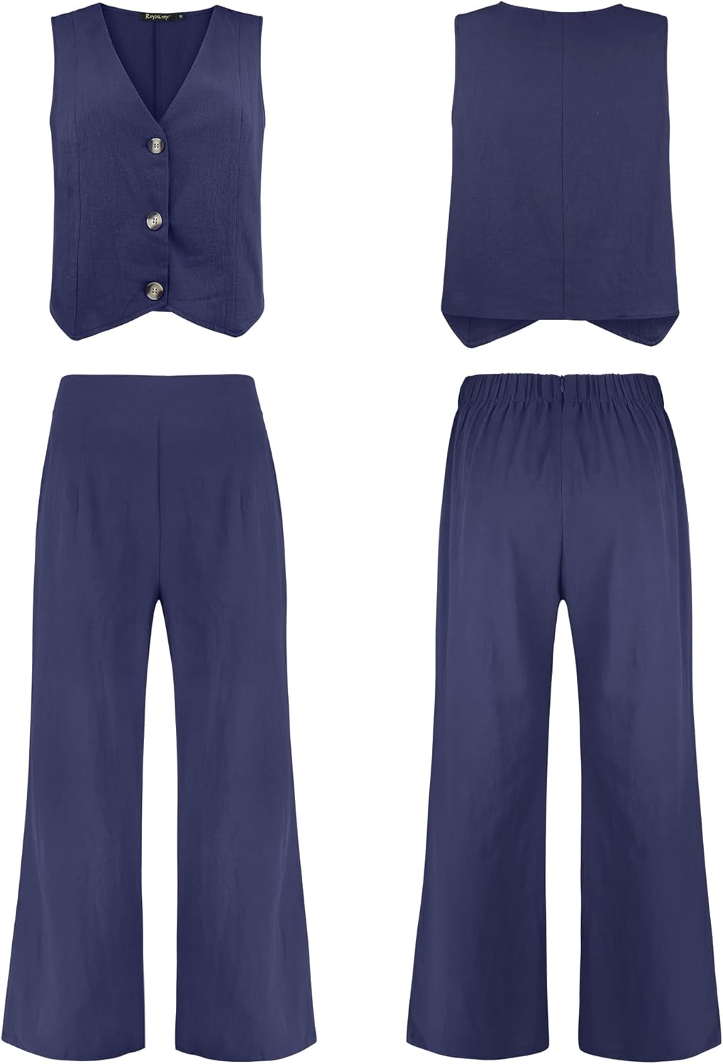 ROYLAMP Women's Summer 2 Piece Outfits Button Down V Neck Sleeveless Top High Waisted Wide Leg Pants Matching Set