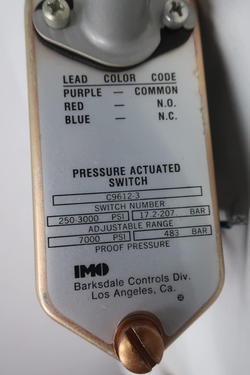 Close-up of the Barksdale C9612-3 Pressure Switch label detailing wiring codes and pressure ranges.