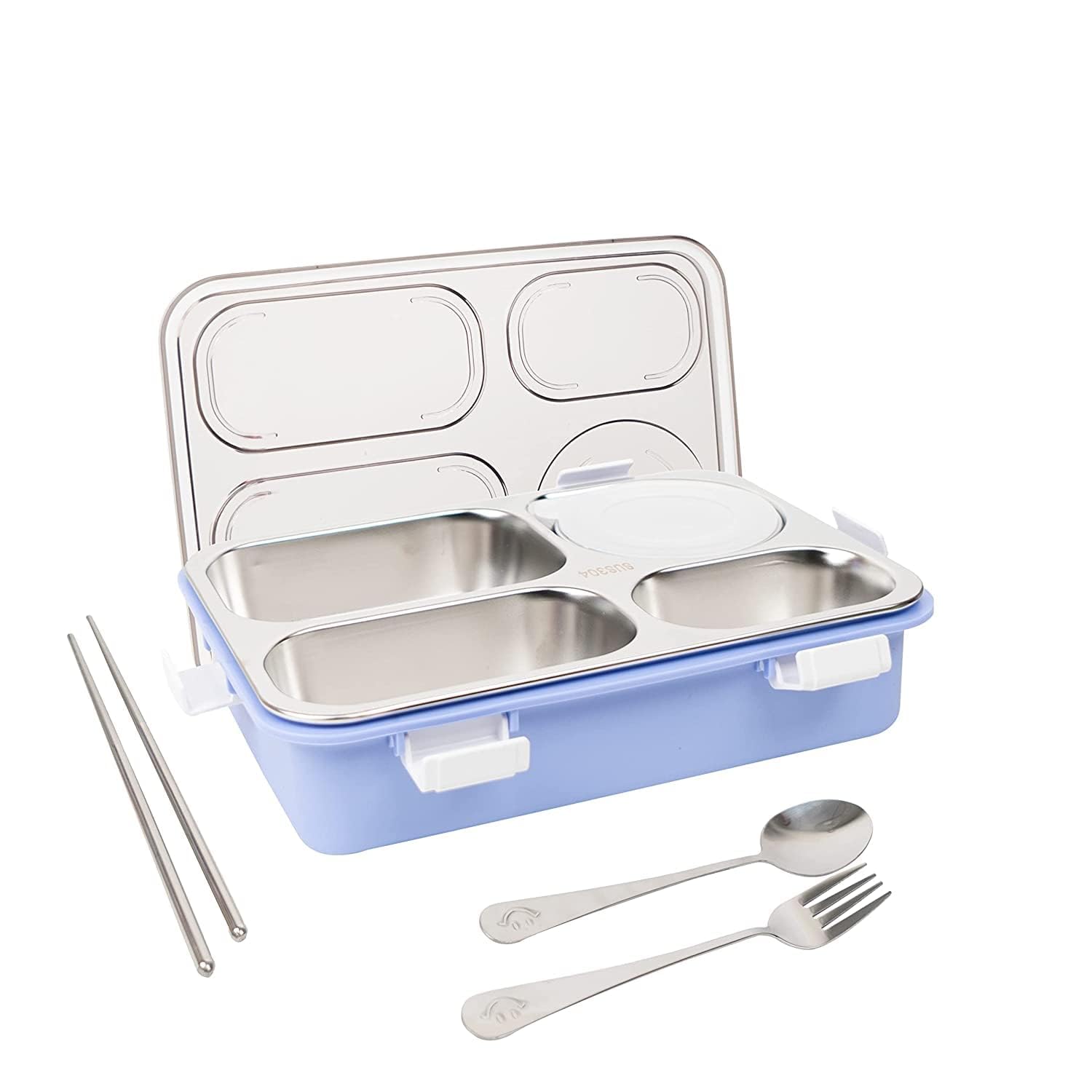 PRIME DEALS Lunch Box Sealed Leakage Proof Stainless Steel Lunch Box with Fork Chopstick&Spoon Lid Office Food Container for School Kids and Adults 750ml (Light Blue, 4 Compartment)