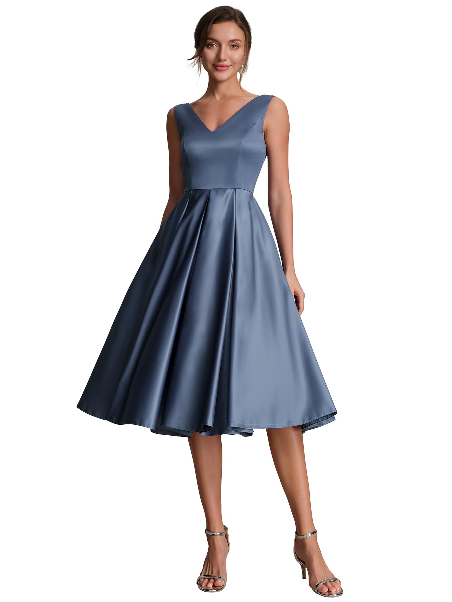 Ever-Pretty Vestito Donna Elegante Collo a V Senzamaniche Satin Midi Gonna a Ruota EG02774