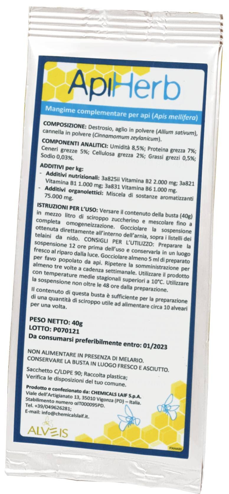 APIHERB bustina monodose 40 grammi per 10 arnie, mangime complementare a base di essenze vegetali essiccate e vitamine
