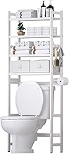YORBAY Toilet Shelf with 2 Baskets 4 Tier Bamboo Toilet Paper Holder and 4 Hooks and Waterproof Foot Pads, Freestanding Over the Toilet (White)