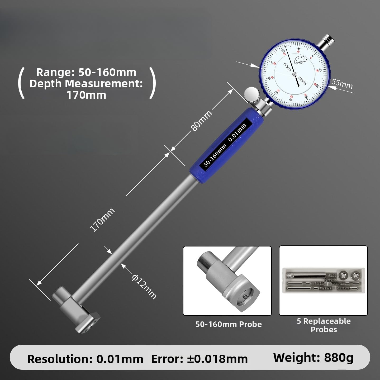 Indicador de dial de calibre de calibre de 10-450 mm, instrumento de medición de precisión, calibre de agujero cilíndrico, escala sensible para análisis de bloques de motor, kit de reparación de