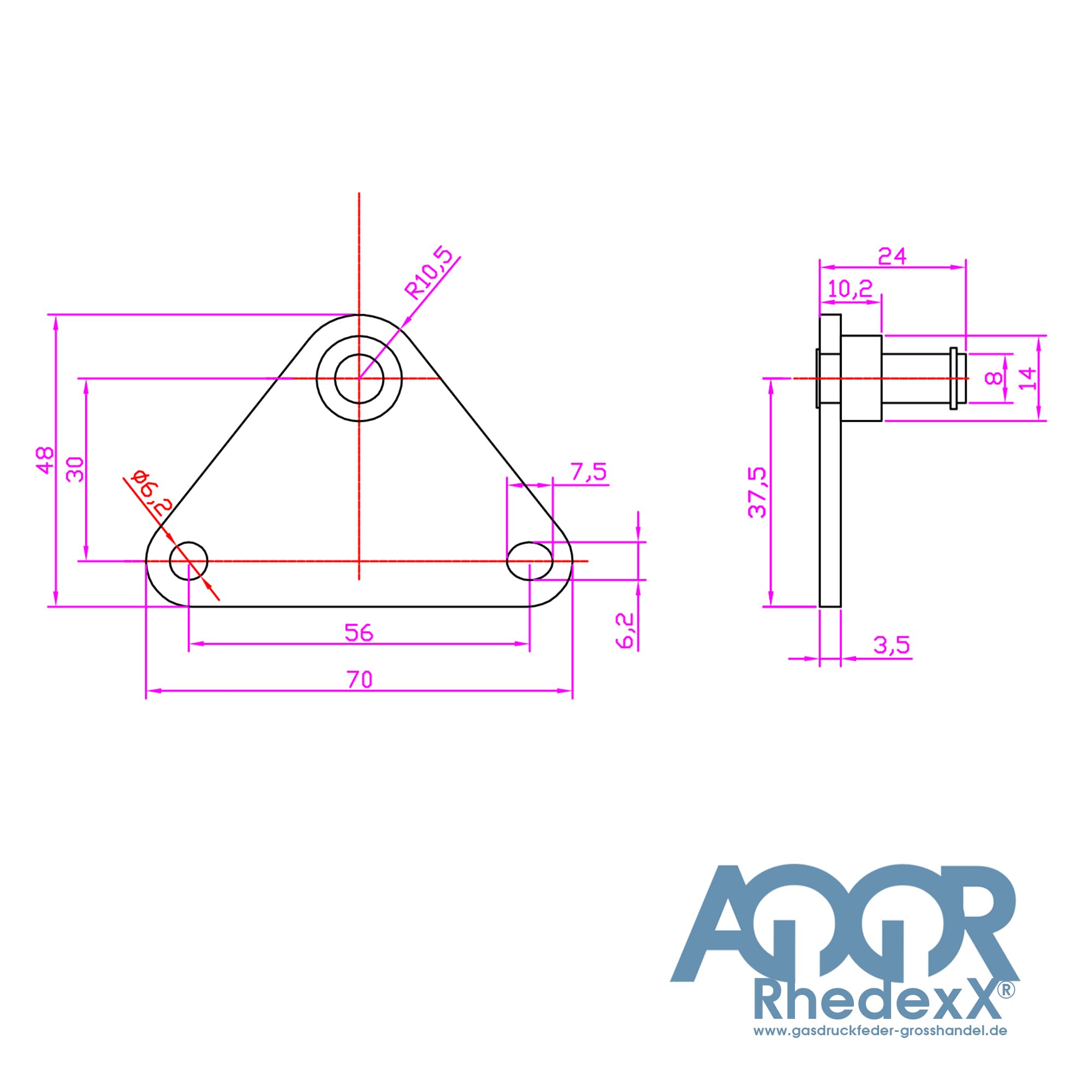 Tôle D’angle Pour Vérin à Gaz – Remplacement Stabilus Liftomat 8264WV – Œillet 8,1 Mm, Dimensions 70x24x48 Mm