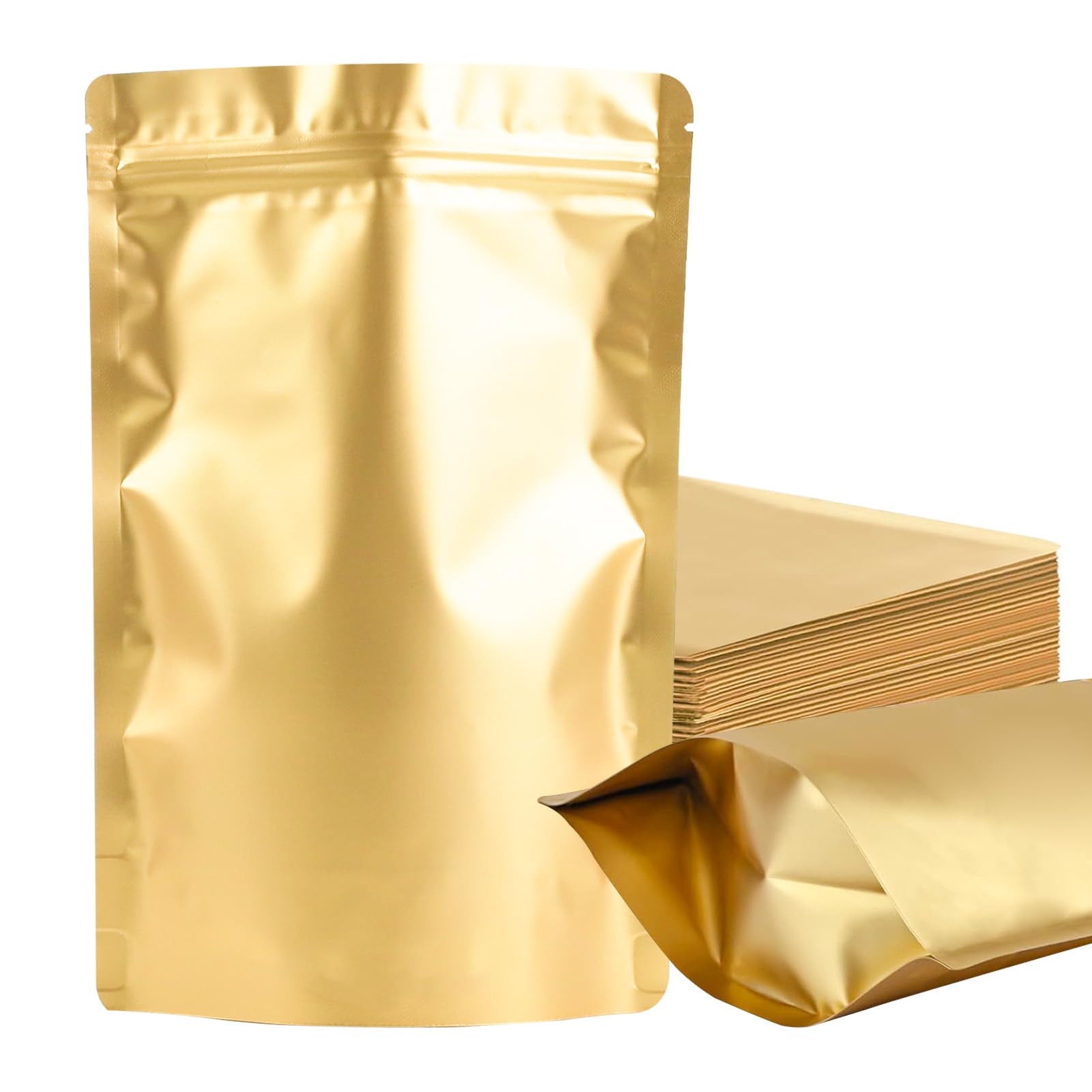 100 Pack Mylar Smell Proof Bags, Resealable Gold Stand Up Pouch Bags Foil Sealable Bags for Packaging, 4.7×7.8 Inch
