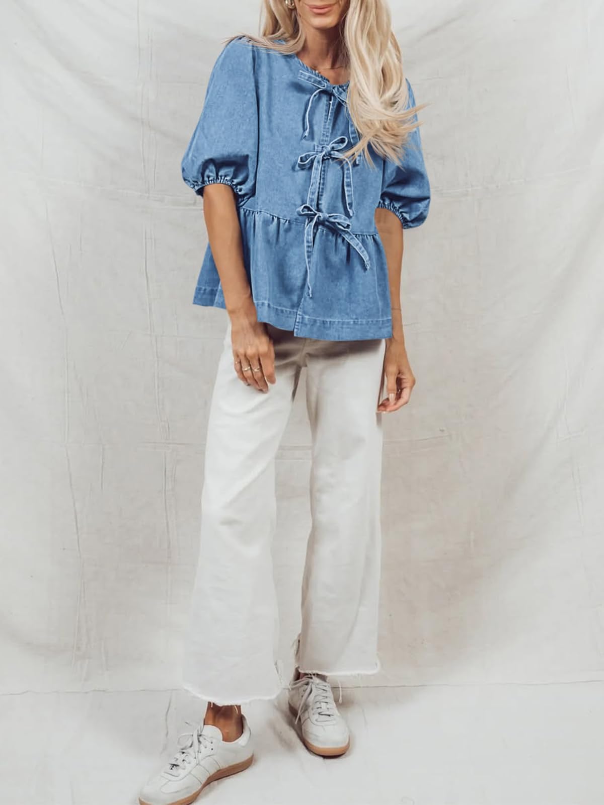Tankaneo Camicette da donna in denim con nodo frontale, con peplo e maniche a sbuffo, girocollo, estive, casual, con fiocco