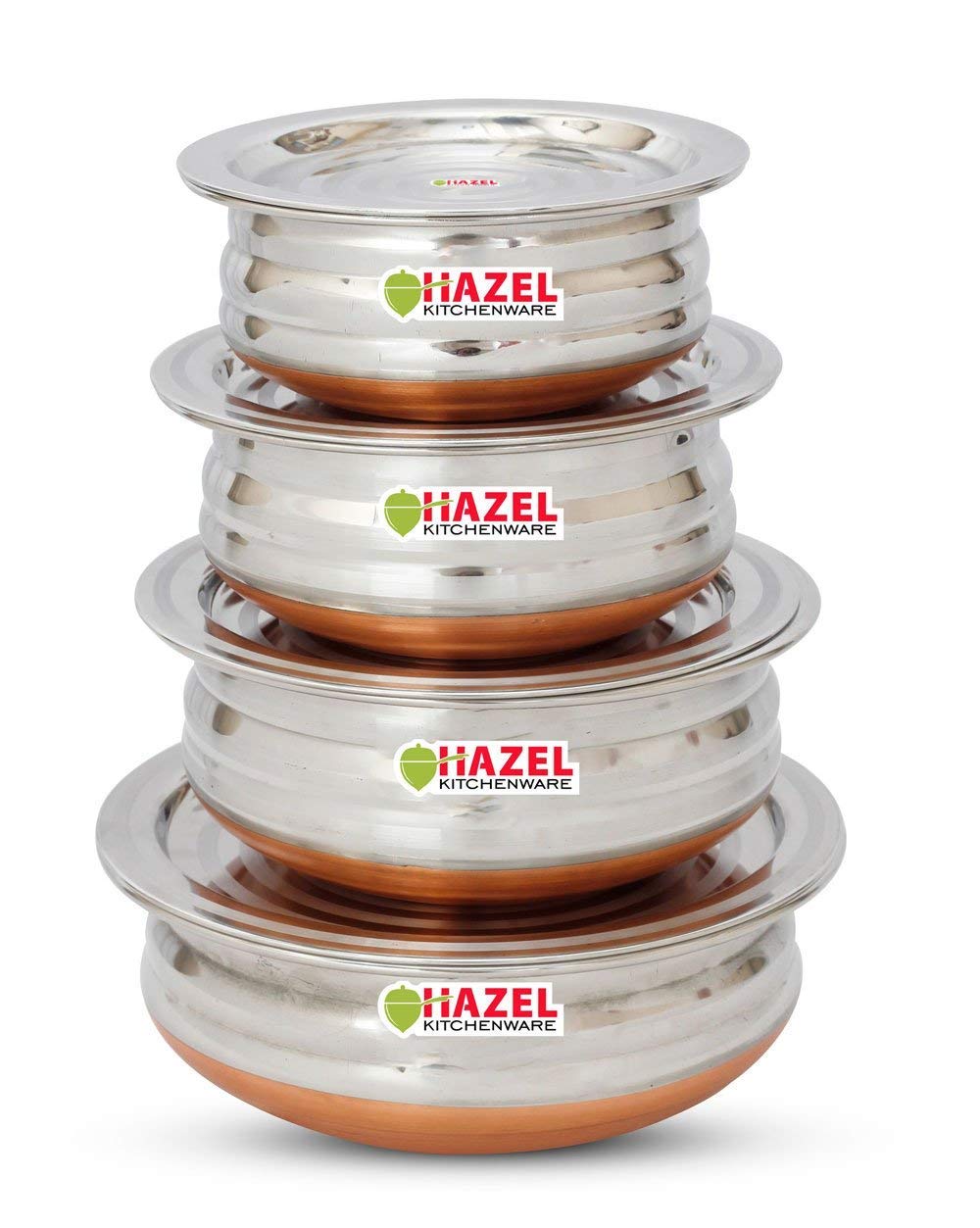 Migliori offerte Indiano Acciaio Inox Urli Set Fondo Rame Kadai Con Coperchio Cottura e Servizio Set Grande A Piccola Dimensione