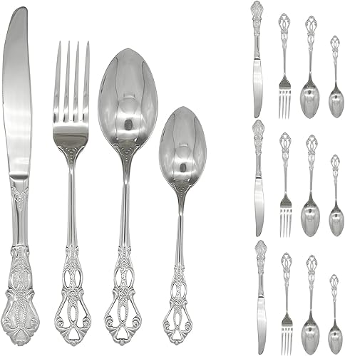 Juego de cubiertos barrocos vintage de 24 piezas de acero inoxidable 18/10 (304) de lujo antiguo estilo real occidental, incluye mango hueco de