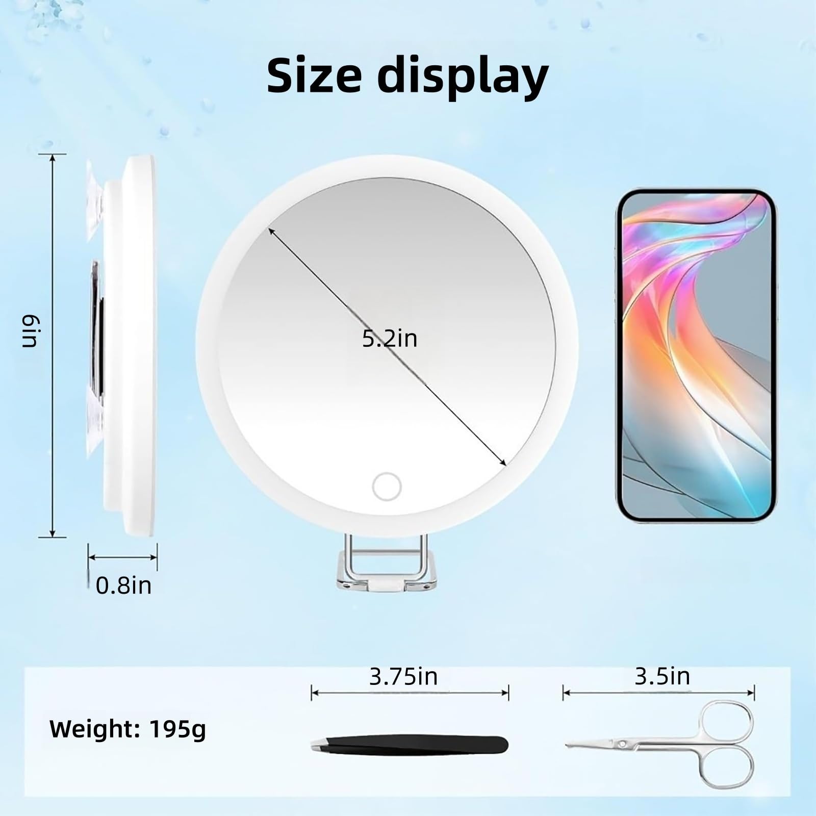 Espejo de aumento con ventosa de luz, espejo de maquillaje LED de primer plano, recargable de 6 pulgadas, 3 modos de color, atenuación de espejo de maquillaje iluminado, soporte de mesa de