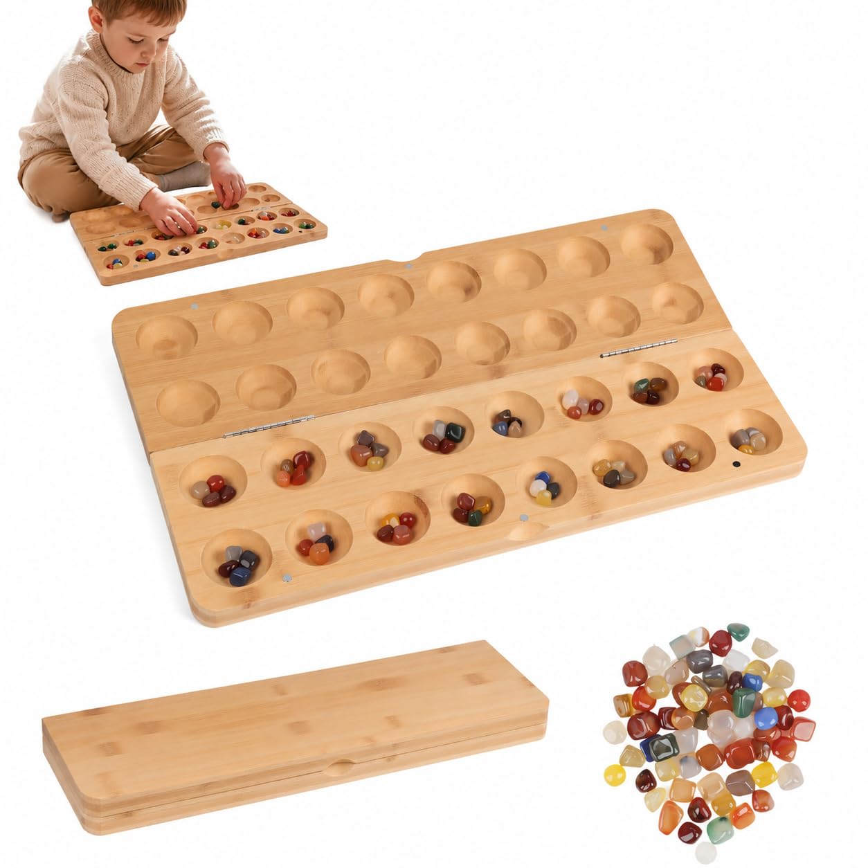 Jeu de pierres Kalaha - Jeu de pierres précieuses pliable en bois avec 65 pierres, double jeu, jeux de puzzle, jeux de stratégie pour voyages, fêtes, activités scolaires, 47 x 14,5 x 4 cm