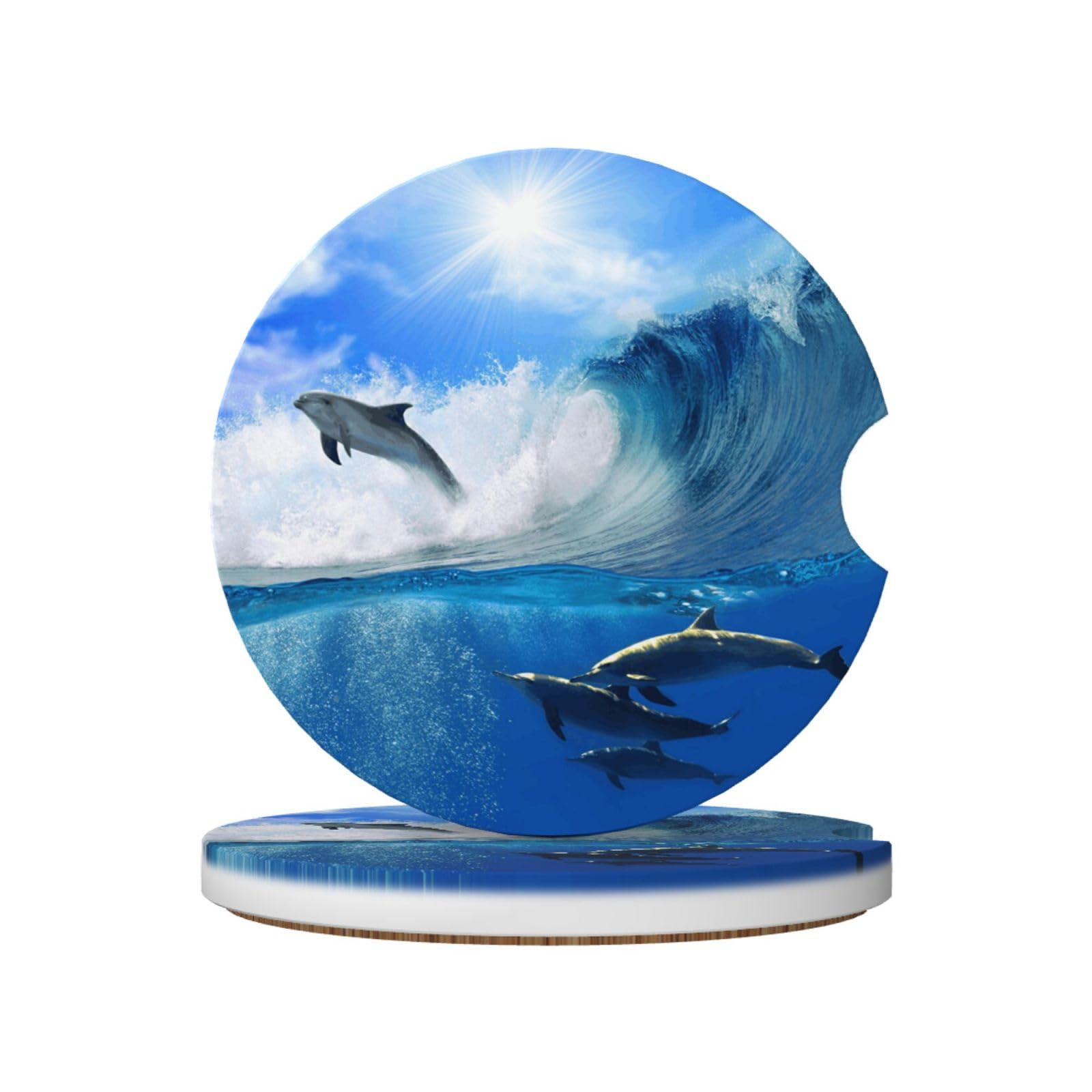Four Dolphins In The Sea Of Whales, Car Cup Holder Coasters 2 Pack, Absorbent Ceramic Car Coasters with Non Slip Cork Base