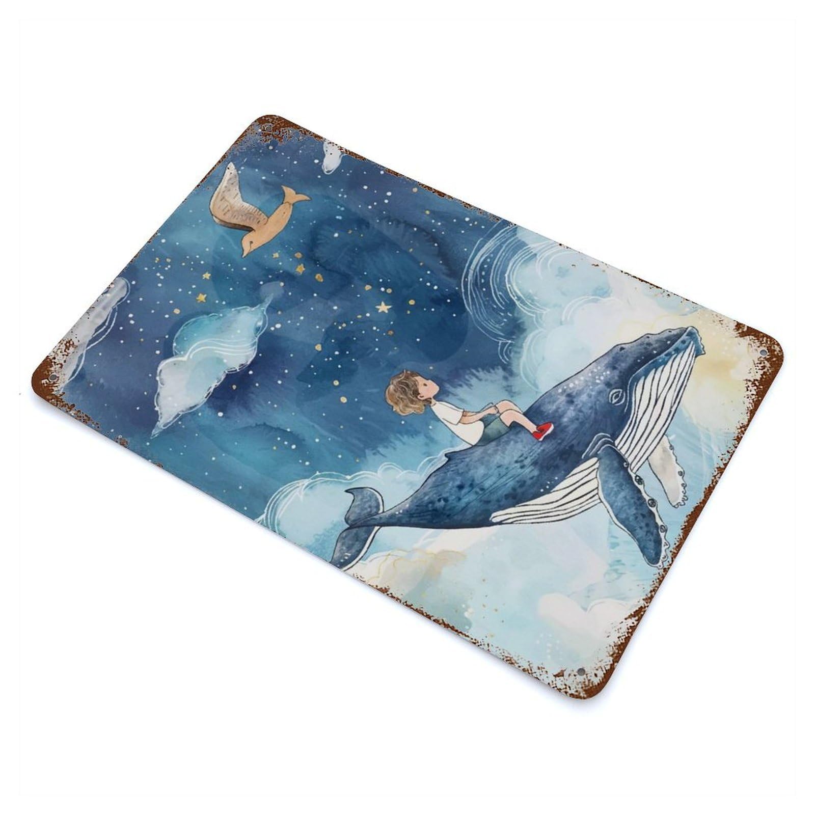 Garage Style Boy Riding Whale Starry Sky Vintage Rust Metal Sign 11.8"x7.9", Vintage Wall Decor for Bar And Workshop