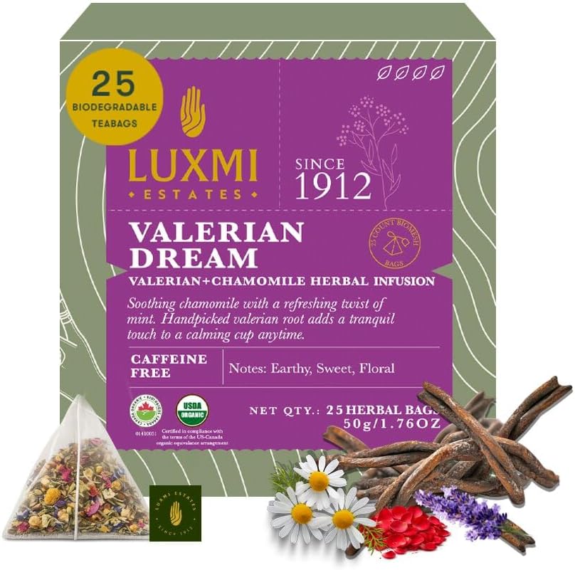 Luxmi Estates Valerian Dream – Organic Sleep Tea | 25 Plant-Based Biodegradable Bags | USDA Organic | Valerian Root, Chamomile, Lavender & Rose | Caffeine Free Best For Insomnia, Anxiety & Stress