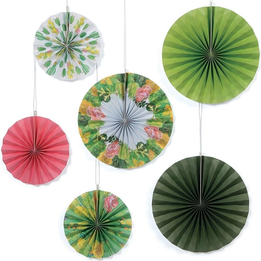 Assorted Multicolor Cactus Fiesta Shower Hanging Paper Fans - 14" - 10" (Pack of 6) - Perfect for Parties, Cinco de Mayo & Southwest Inspired Celebrations