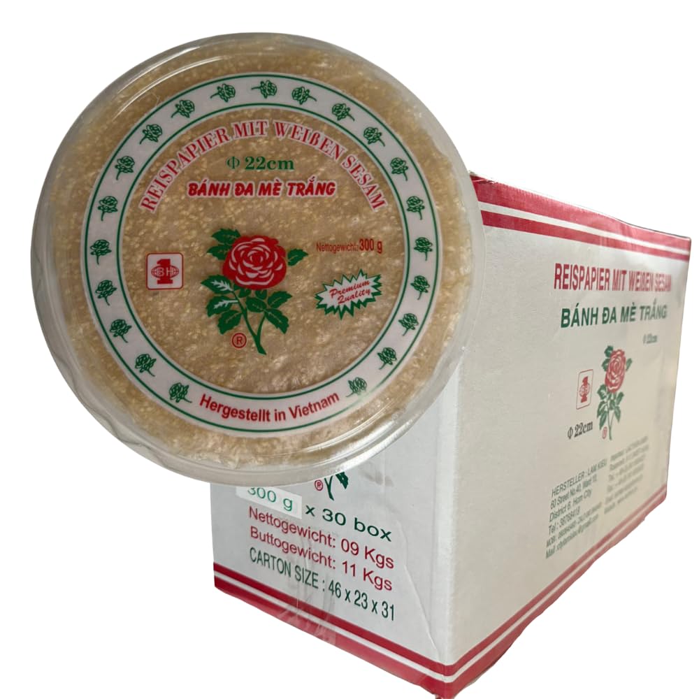 Asia Lac Thien BÁNH ĐA MÈ TRẮNG – Reispapier mit weißem Sesam, 22 cm, (30 x 300g) Nettogewicht, Hergestellt in Vietnam