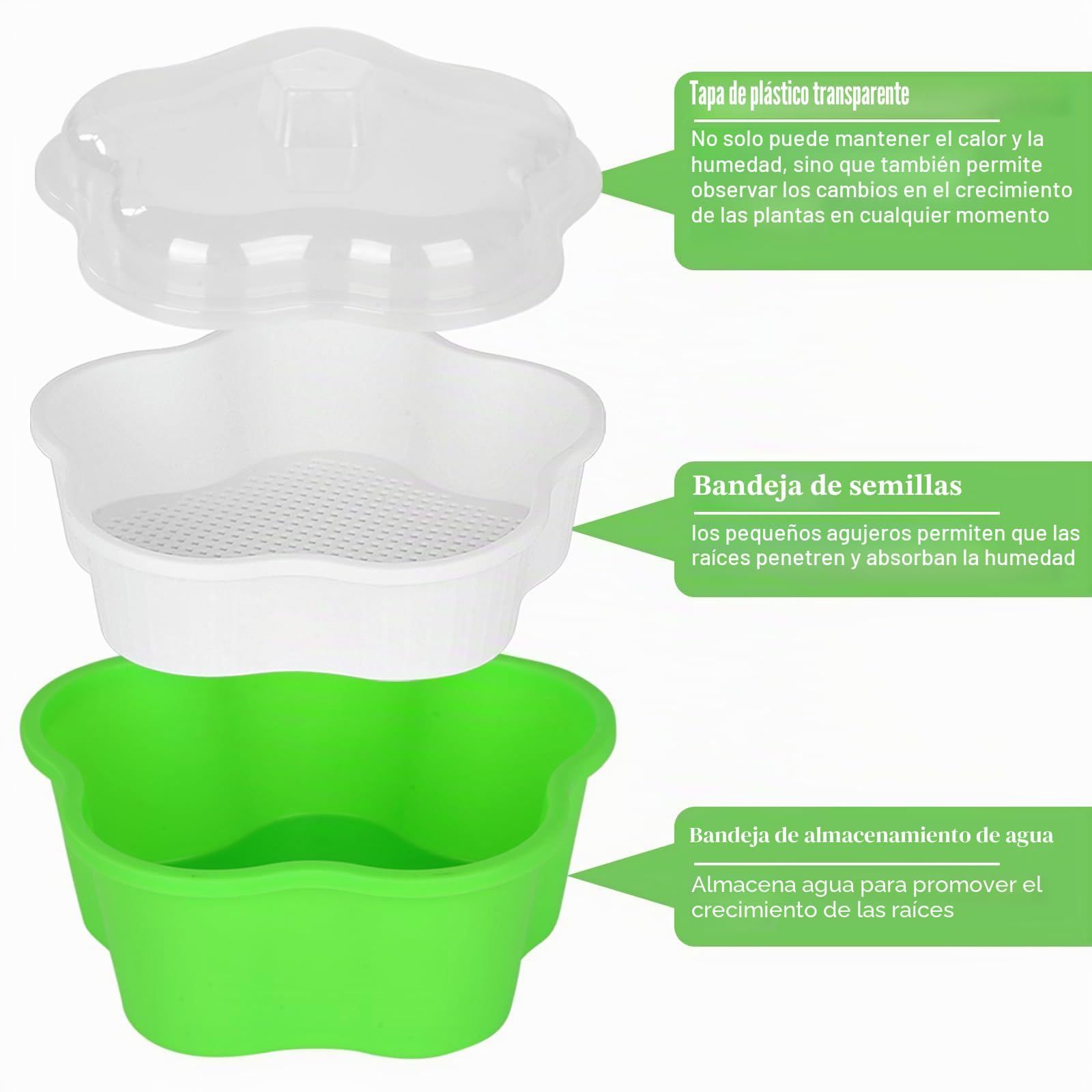 Juego de 4 bandejas para brotes, torre de brotes, bandeja de cultivo para semillas grandes, bandeja de germinación, verde, medio, casual, redondo, interior