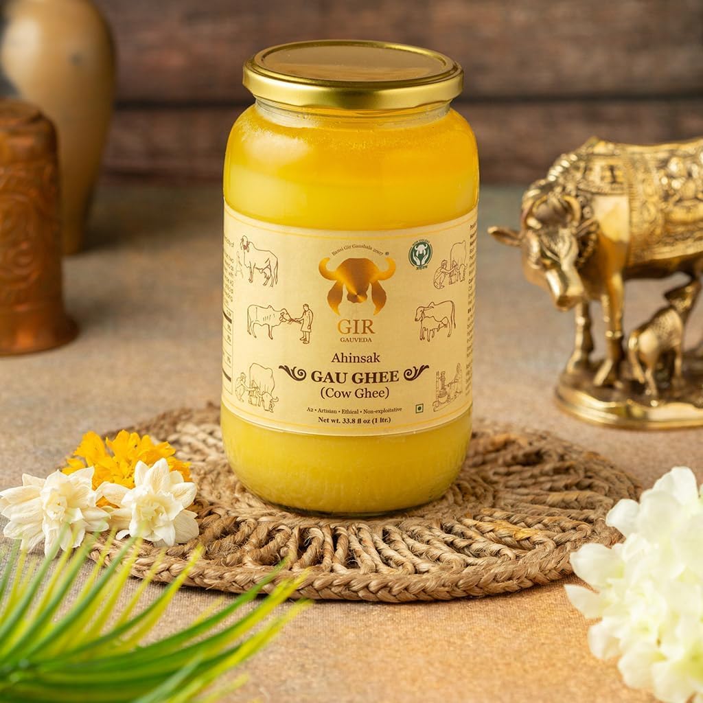 GIR GAUVEDA Ghee de vaca Gir Gir A2 de 33.8 onzas (1000 ml) | Mantequilla clarificada | Sin OMG, sin lactosa, apto para dieta cetogénica | Método Bilona | Ahinsak Gau Ghee