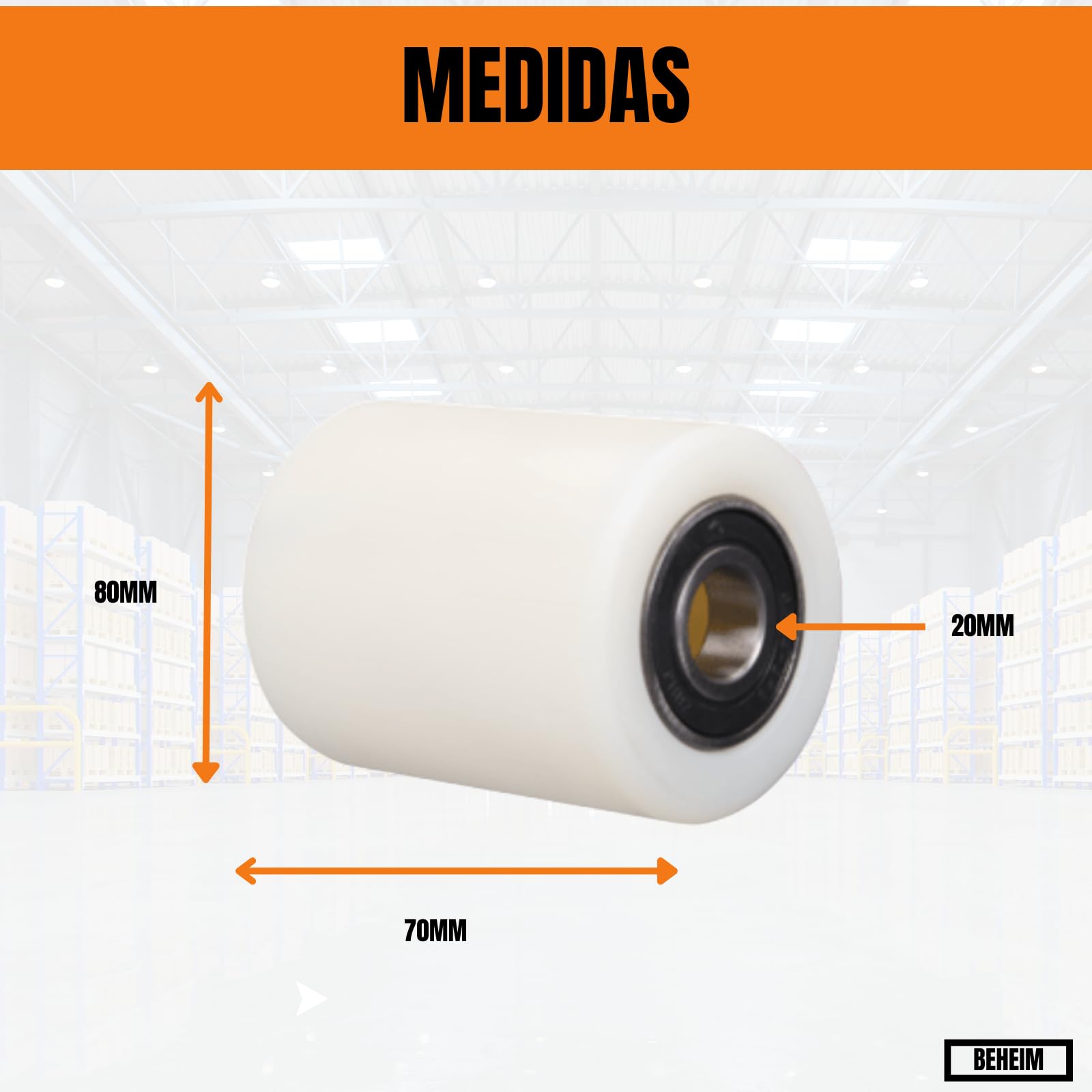 Juego 4 Ruedas para Transpaletas 80x70x20 mm Nylon con Rodamientos 6204-2RS | Rodillos para Transpaletas Alta Carga + Cincel Montaje