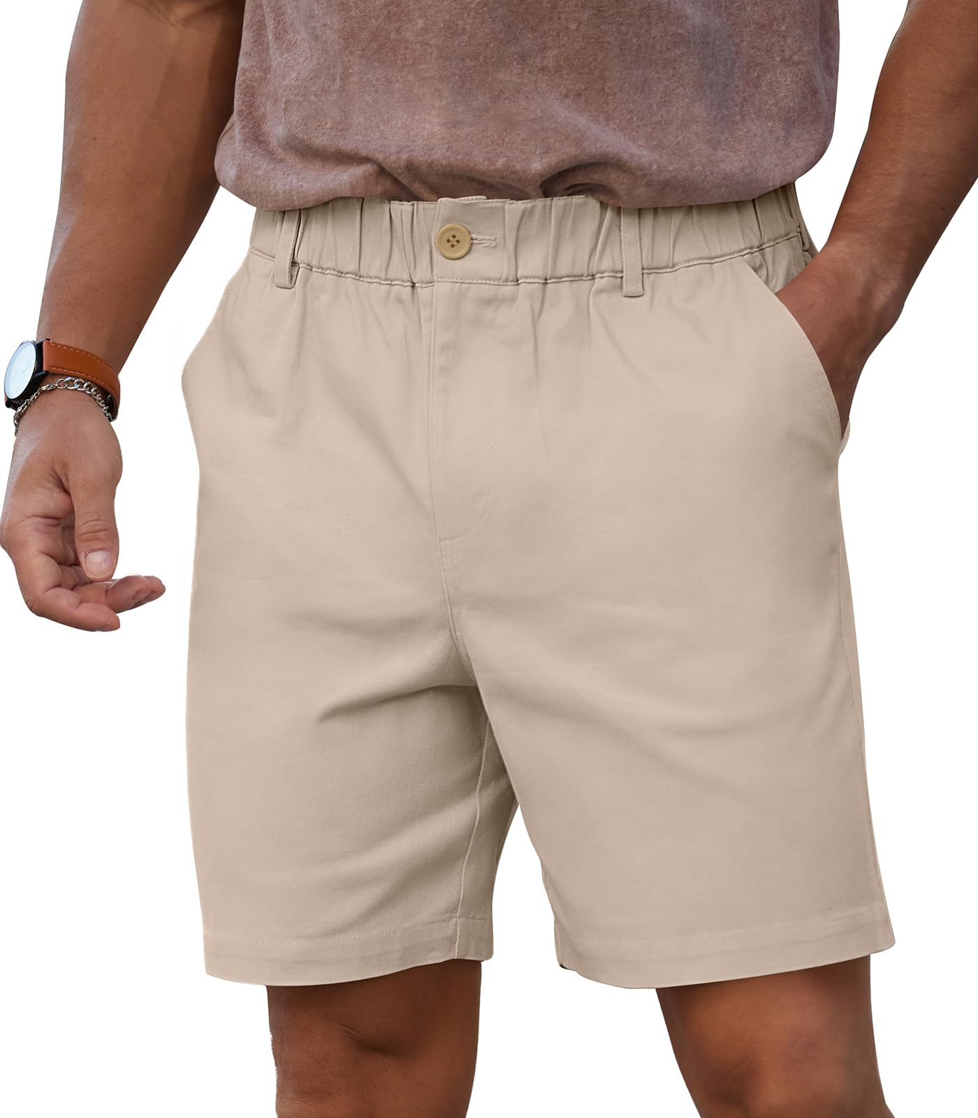 RQP Mens Cotton Casual Classic-fit 7 Chino Shorts Elastic Waist Daily Wear Dress Baech Summer Shorts