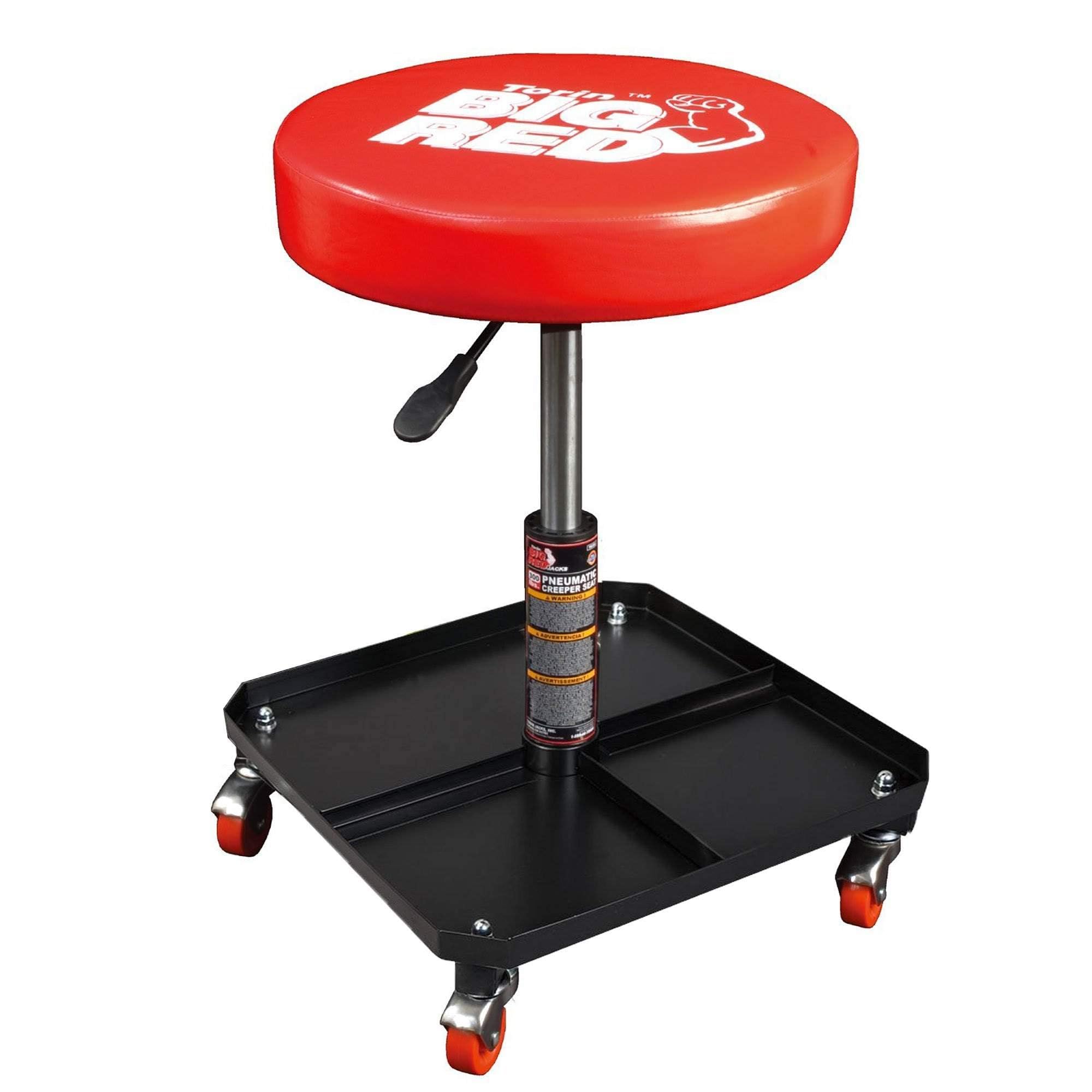 BIG RED TR6350 Torin Rolling Pneumatic Creeper Garage/Shop Seat: Padded Adjustable Mechanic Stool with Tool Tray Storage, Red Large