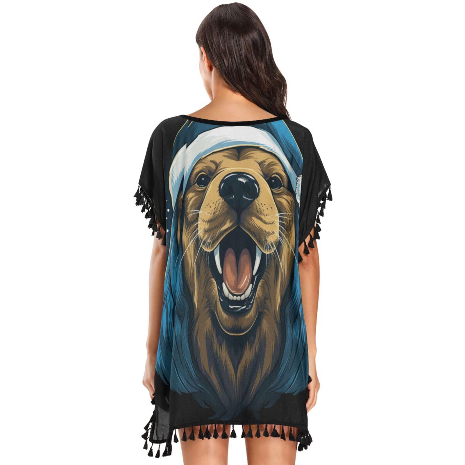 KAAVIYO Christmas Style Cool Sea Lion Women's Beach Cover Up Chiffon Tassel Swimwear Swimsuit Coverups for Girl
