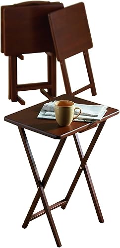 Miniatura 6 de PJ Wood Bandeja plegable para TV y mesa de aperitivos con estante de almacenamiento, nogal - Juego de 5 piezas