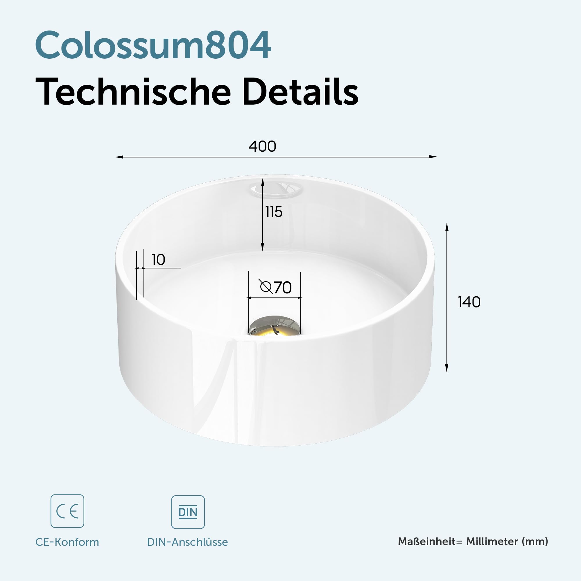 doporro Lavabo sobre encimera redondo Colossum804 blanco brillante 40x40x15cm lavabo de fundición mineral sin orificio para grifería