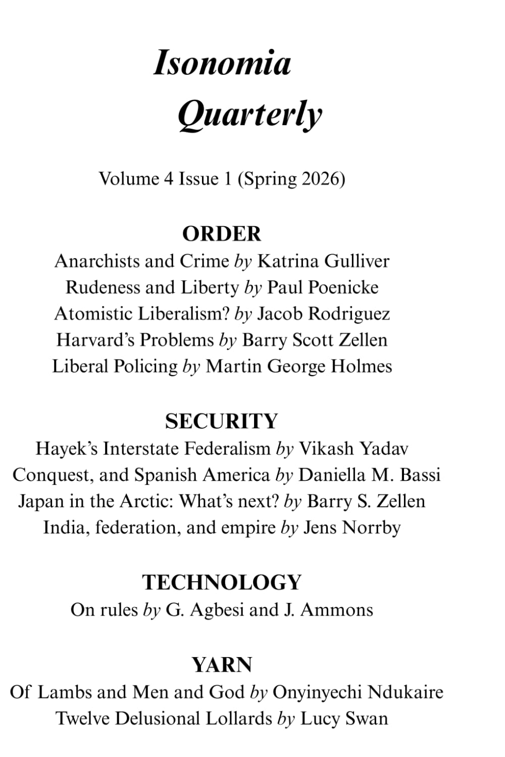 Isonomia Quarterly: Volume 4 Issue 1 (Spring 2026)