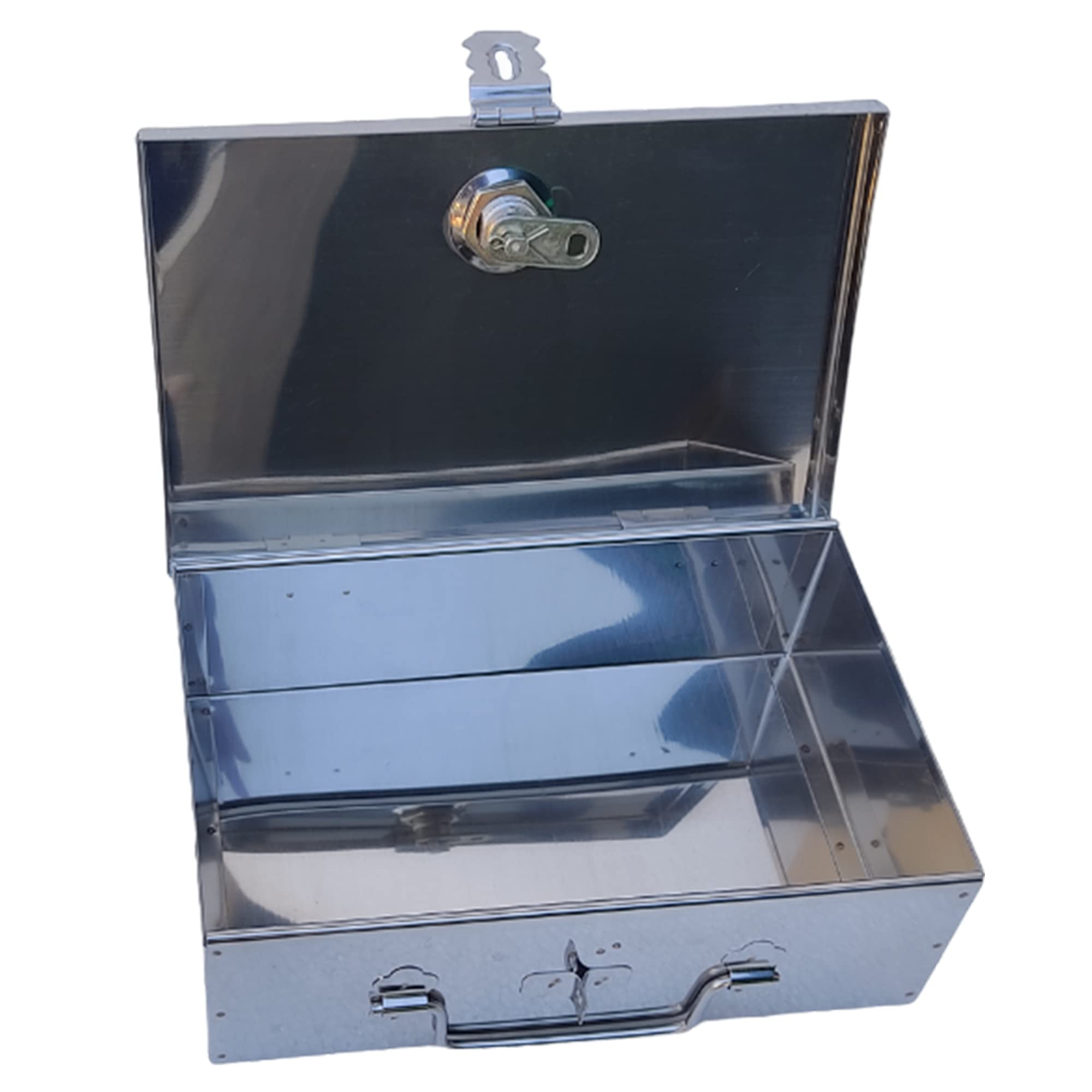 GinoSet® Stainless Steel Cash/Jewellery/Coin Storage Rectangular Silver Boxes with Pre-Fitted Lock (10" X 7" X 3") 2