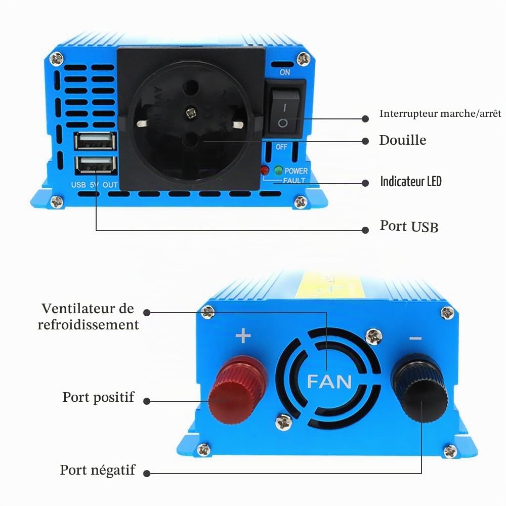 LVYUAN Pur Sinus Convertisseur 12V 220V 400W /800W Onduleur | avec 2 Ports USB