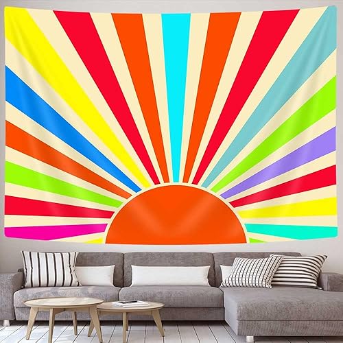 Miniatura 3 de JAWO Tapiz hippie reactivo con rayos UV, bohemio retro de los años 70, diseño de arco iris y puesta de sol hippie para colgar en la pared, tapiz