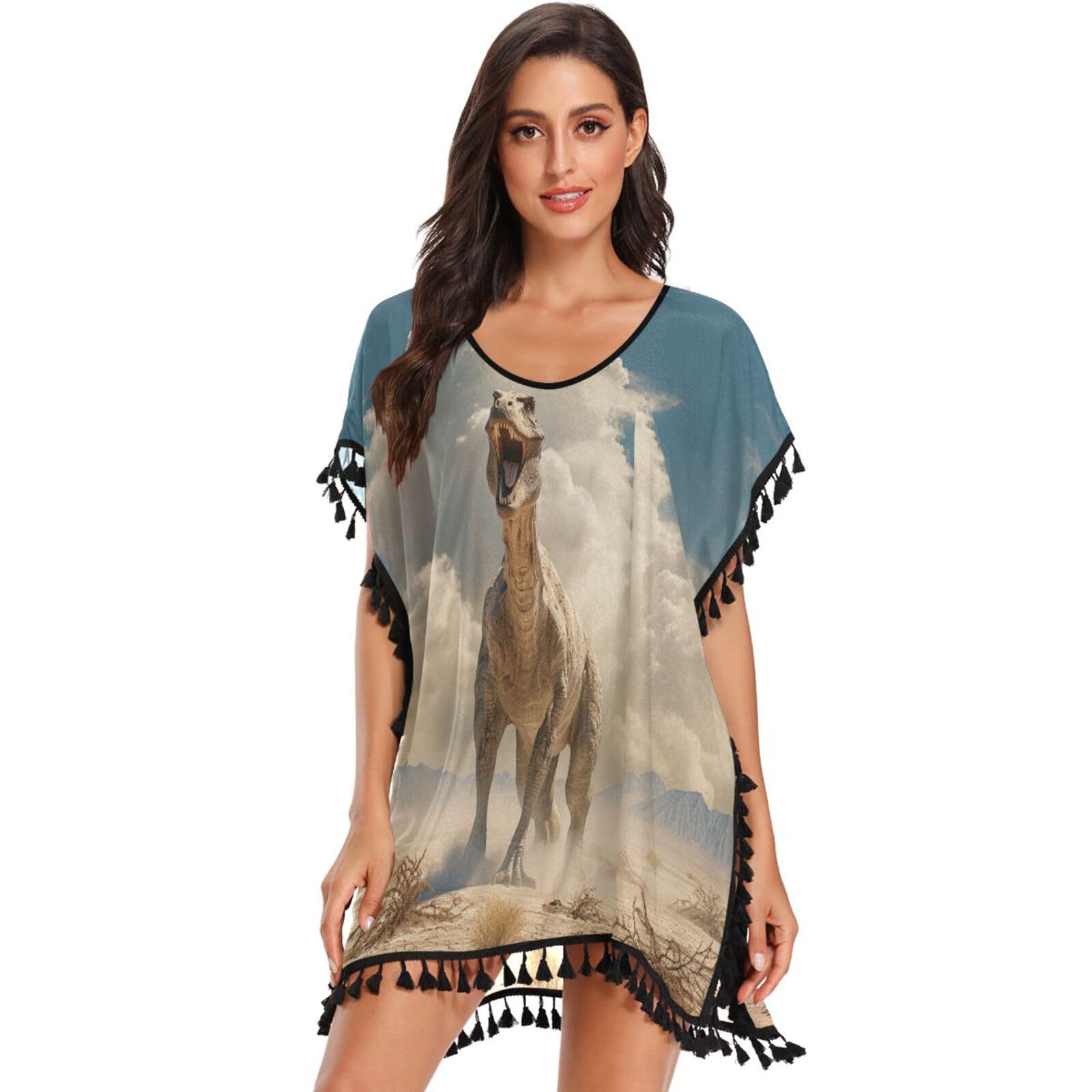 KAAVIYO Angry Dinosaurs Desert Women's Beach Cover Up Chiffon Tassel Swimwear Swimsuit Coverups for Girl