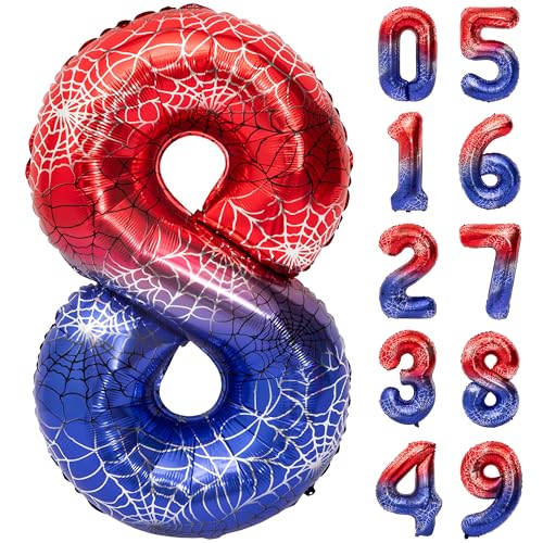 Image of 40 In Red And Blue Spider Theme Large Number 8 Balloon | Giant Large Helium Foil Balloon for Boy or Girl 8 th Birthday Wedding Anniversary Baby Shower Party Decorations