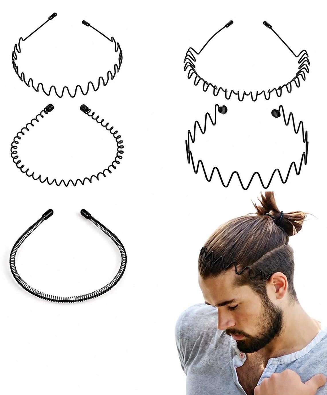 Black Metal Wave Hair Headbands for Men, Set of 5-image-36