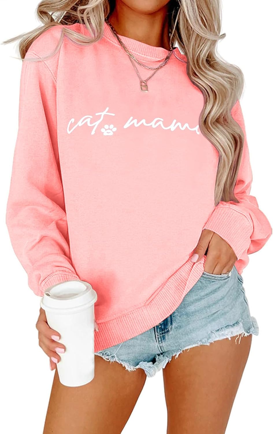 Women's Crewneck Sweatshirts Loose Fit Cat Mom Long Sleeve Shirts Funny Fall Pullover Sweatshirt Blouse