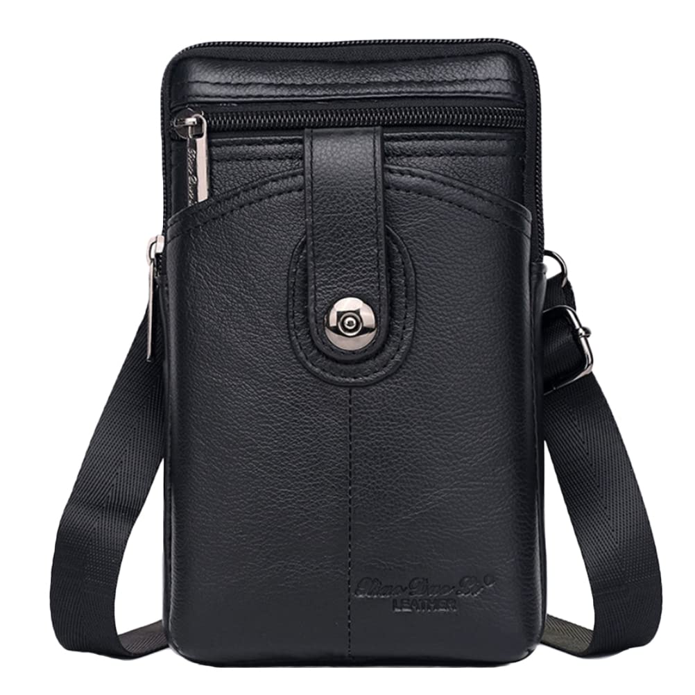 Genuine Leather Waist Bag Belt Pouch Small Shoulder Fanny Pack 3 Way Travel Casual Bum Bag Carrying Case with Belt Loop Security Purse Style1-Black