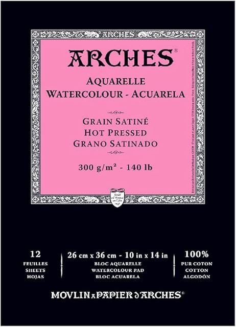 ARCHES 26 x 36 cm 300 GSM Hot Pressed Short Side Glued Pad Watercolour Paper - Natural White (Pack of 12 Sheets)