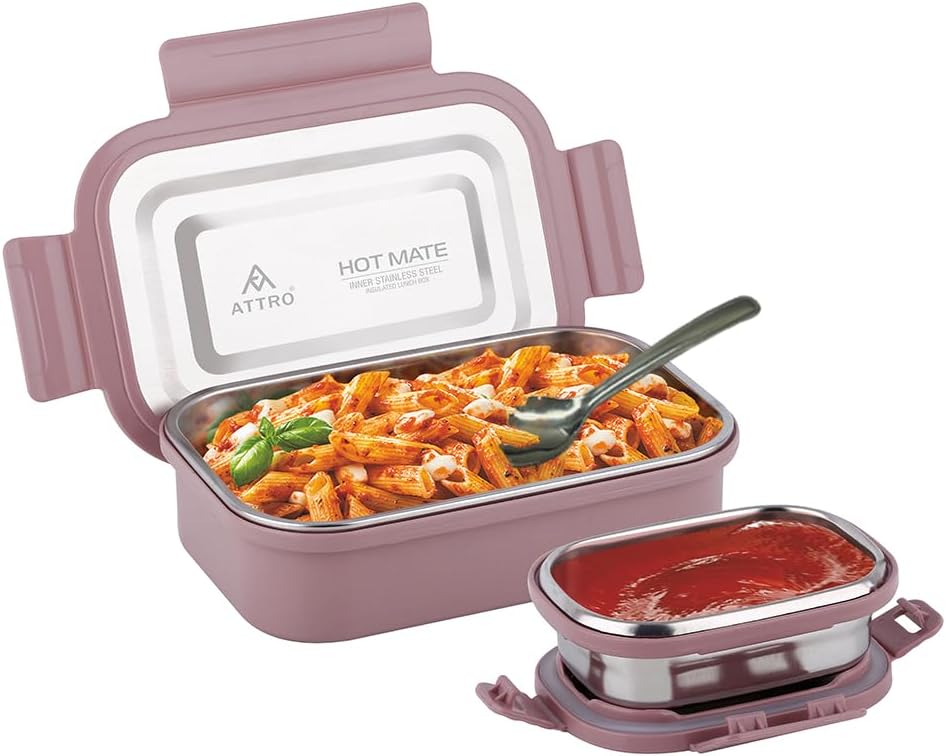 Attro Hotmate Stainless Steel Insulated Airtight Leak-Proof Lunch Box Unbreakable Lid,Snacks Tiffin for Kids,Light Weight,Easy Clean for Office,School,Picnic&Travelling,800 Ml - Pastel Violet