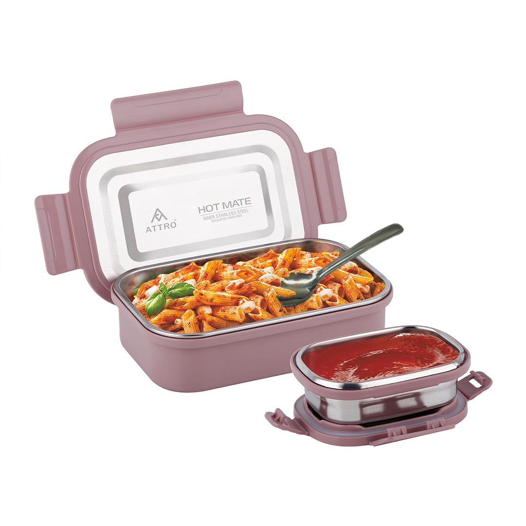 Attro Hotmate Stainless Steel Insulated Airtight Leak-Proof Lunch Box Unbreakable Lid,Snacks Tiffin for Kids,Light Weight,Easy Clean for Office,School,Picnic&Travelling,800 Ml - Pastel Violet