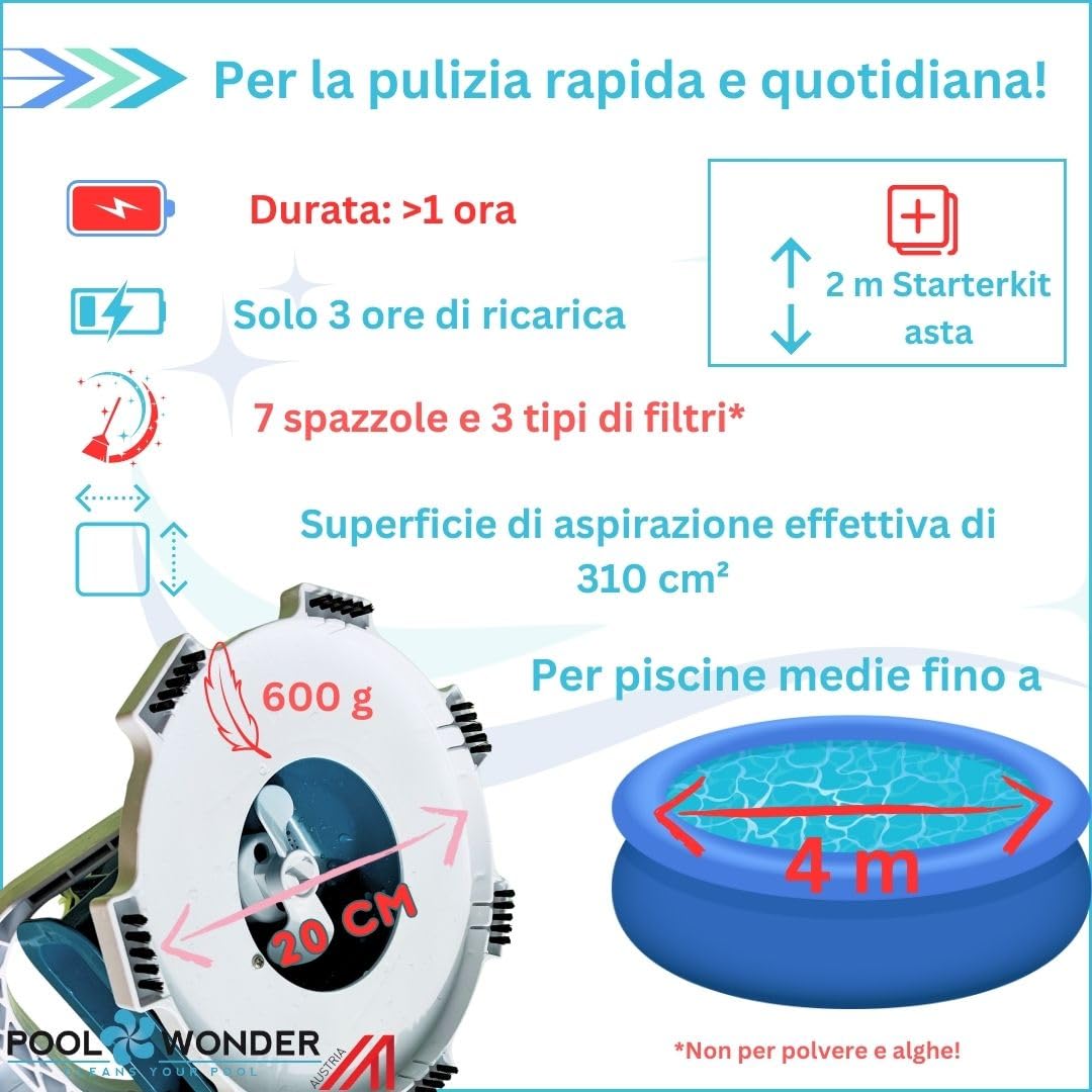 Poolwonder Marvelix - Aspirapolvere a batteria per piscina, prodotto in Austria