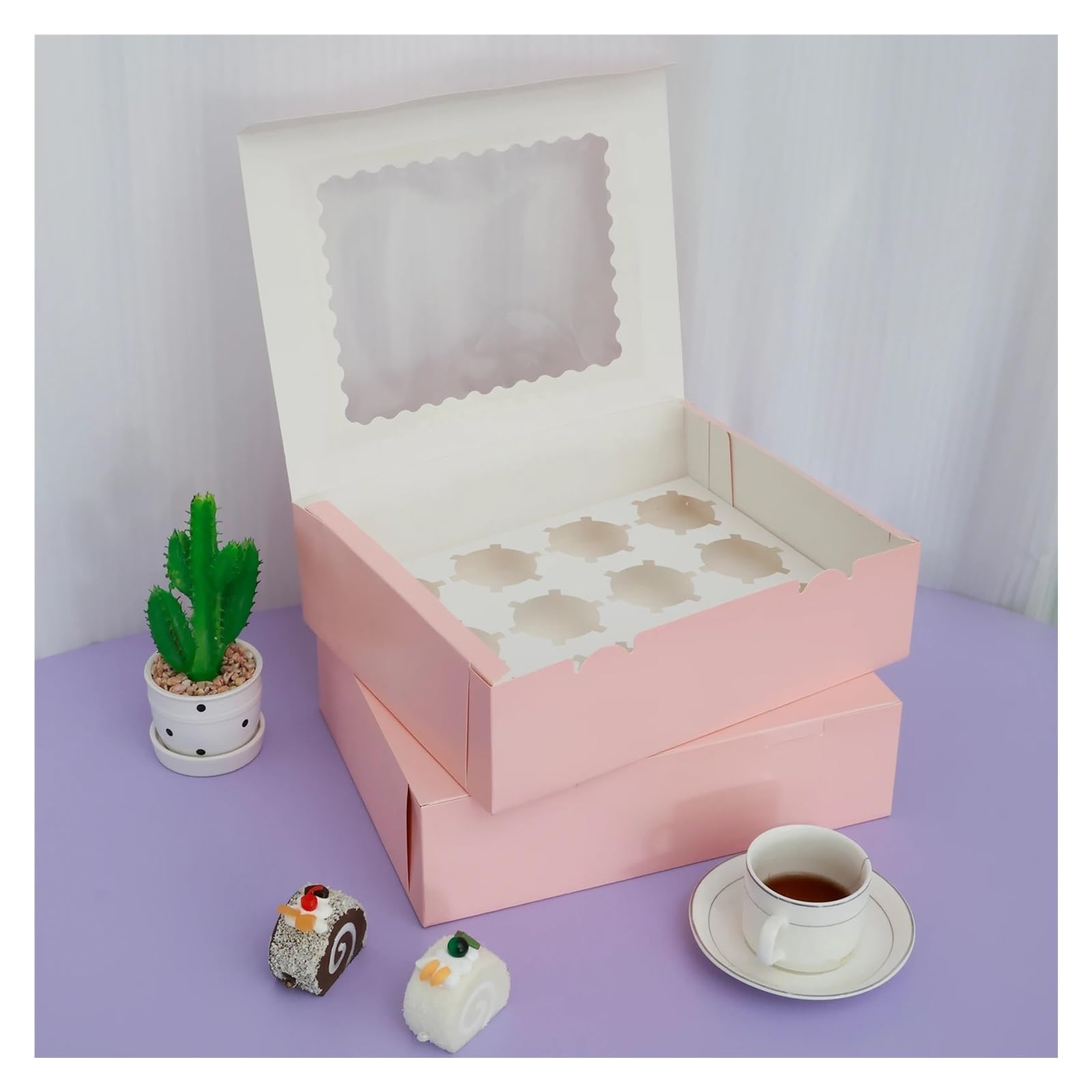 Recipiente para guardar tartas, Cajas de papel for cupcakes de 12 cavidades con ventana transparente, 32,5 x 25 x 9 cm, multicolor, paquete de 12(Pink)