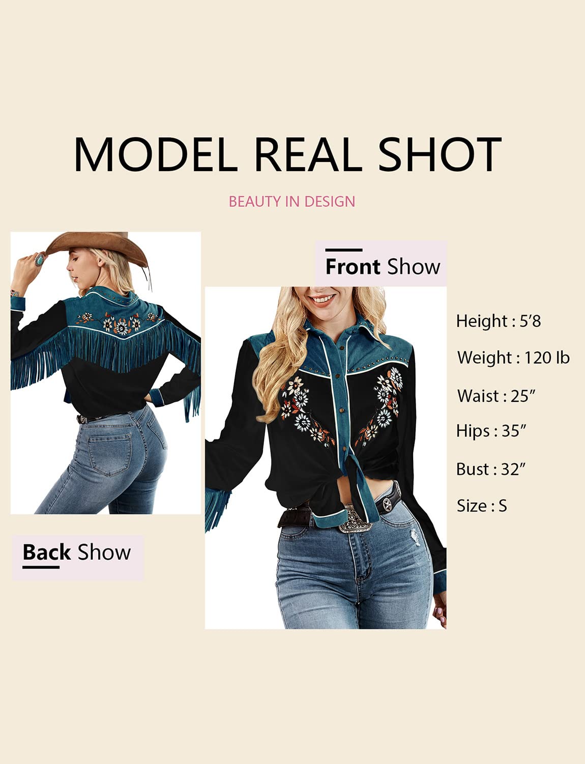 JOHN MOON Damen-Westernbluse mit Stickerei, langärmelig, mit Knopfleiste, Hemdkragen, retro, lässige Bluse