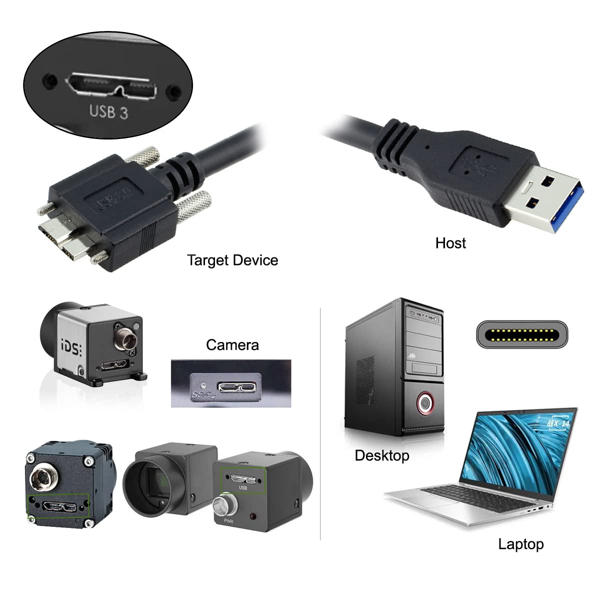 cablecc Cable repetidor USB 3.0 A macho a Micro USB 3.0 B macho con tornillos de fijación para la cámara (8 m)