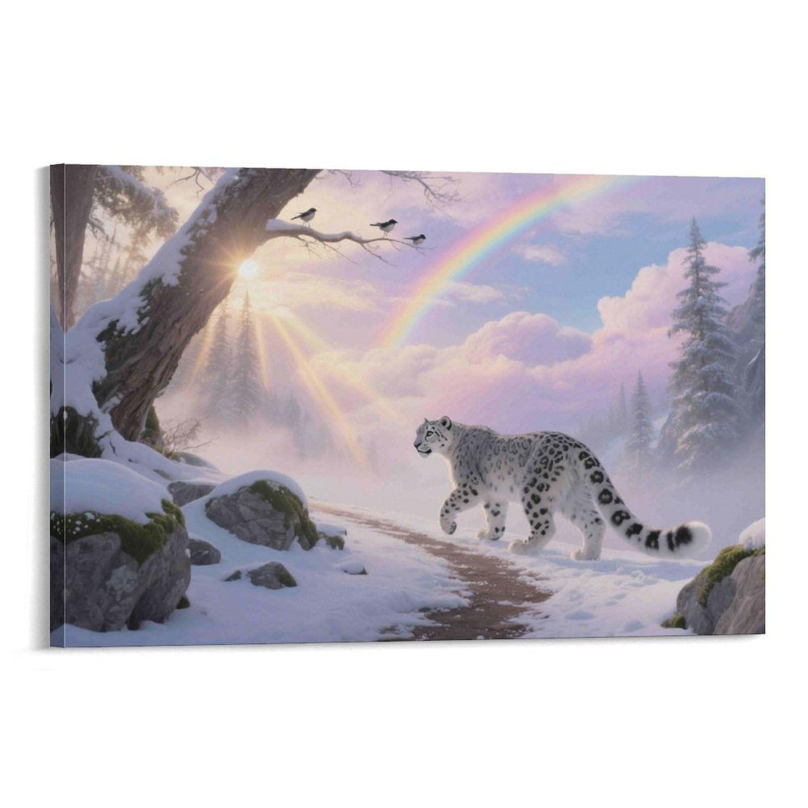 CPLVKWRQJ Snow Leopard Walk 1 Piece Snow Leopard Walking Snowy Rainbow Forest Canvas Artwork - Living Room Gallery Wall Statement Piece Fade Resistant Decor 20x30inch(50x75cm)